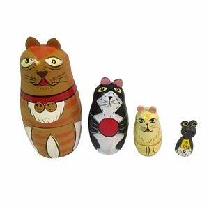 Cats Nesting Dolls Set of 4 Wood Kittens Mouse Russian